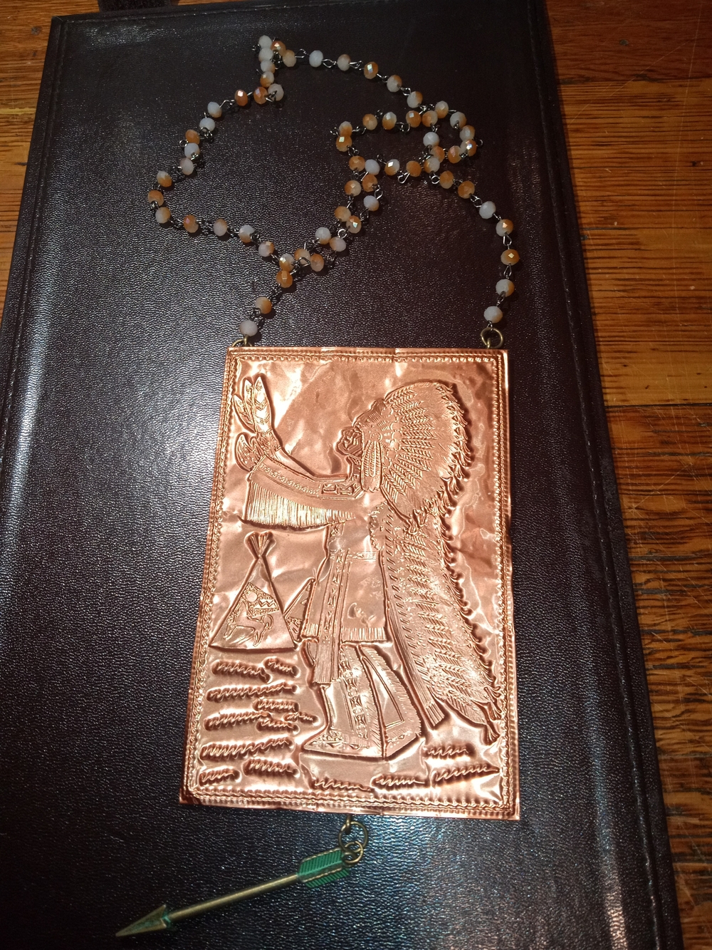 Copper Embossed Native-Inspired Pendant Necklace with Beaded Chain - Copper